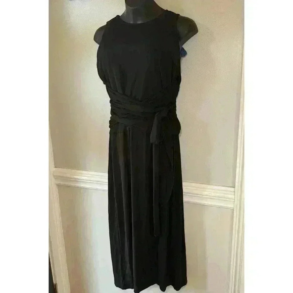 Lauren Ralph Lauren Faux Wrap Belt Midi Black Dress W/ Keyhole Back Size L - Picture 2 of 11